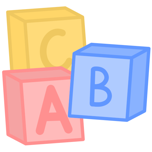 drawing of three blocks , one pink with letter A , one blue with letter B , and one yellow with letter C